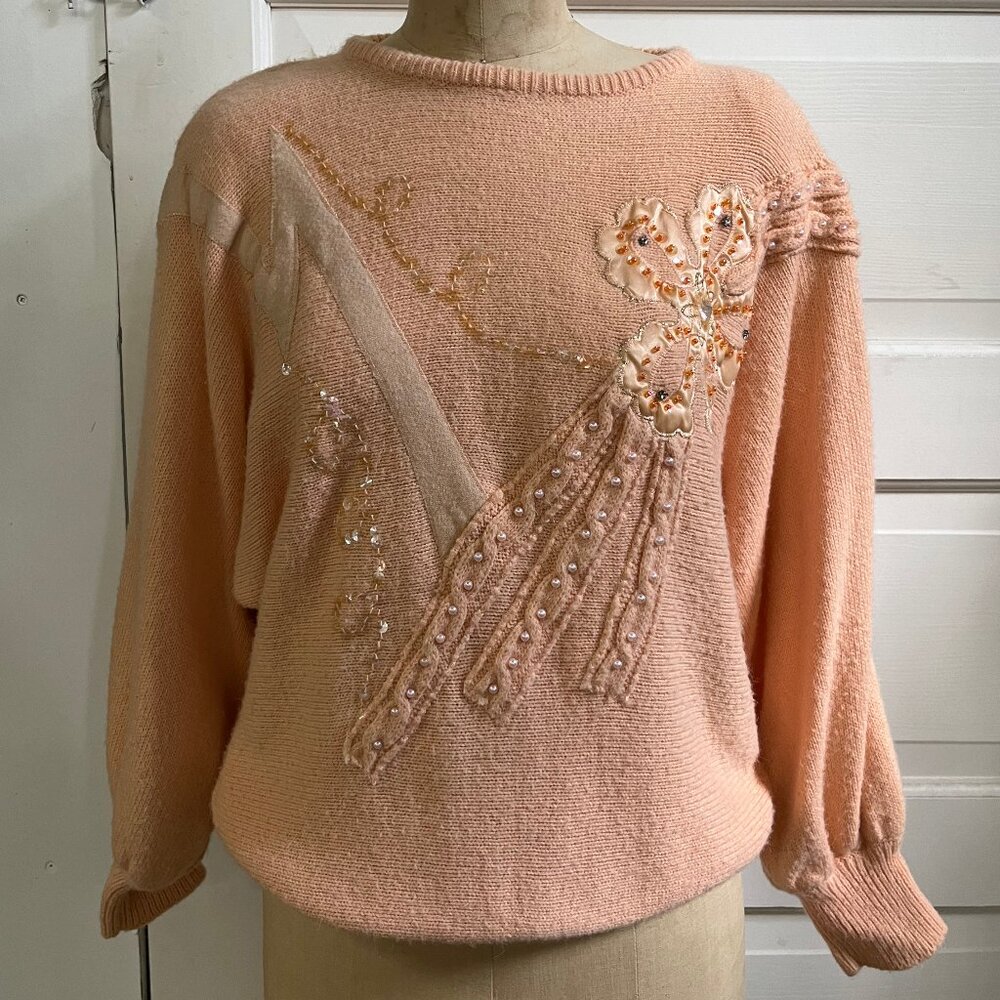 Vintage Beaded Sweater, Golden Girls, Salmon Pink, Medium